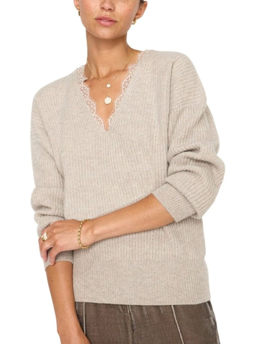 Brochu Walker The Ava Lace V Neck Sweater. Size XS, Cream/Beige